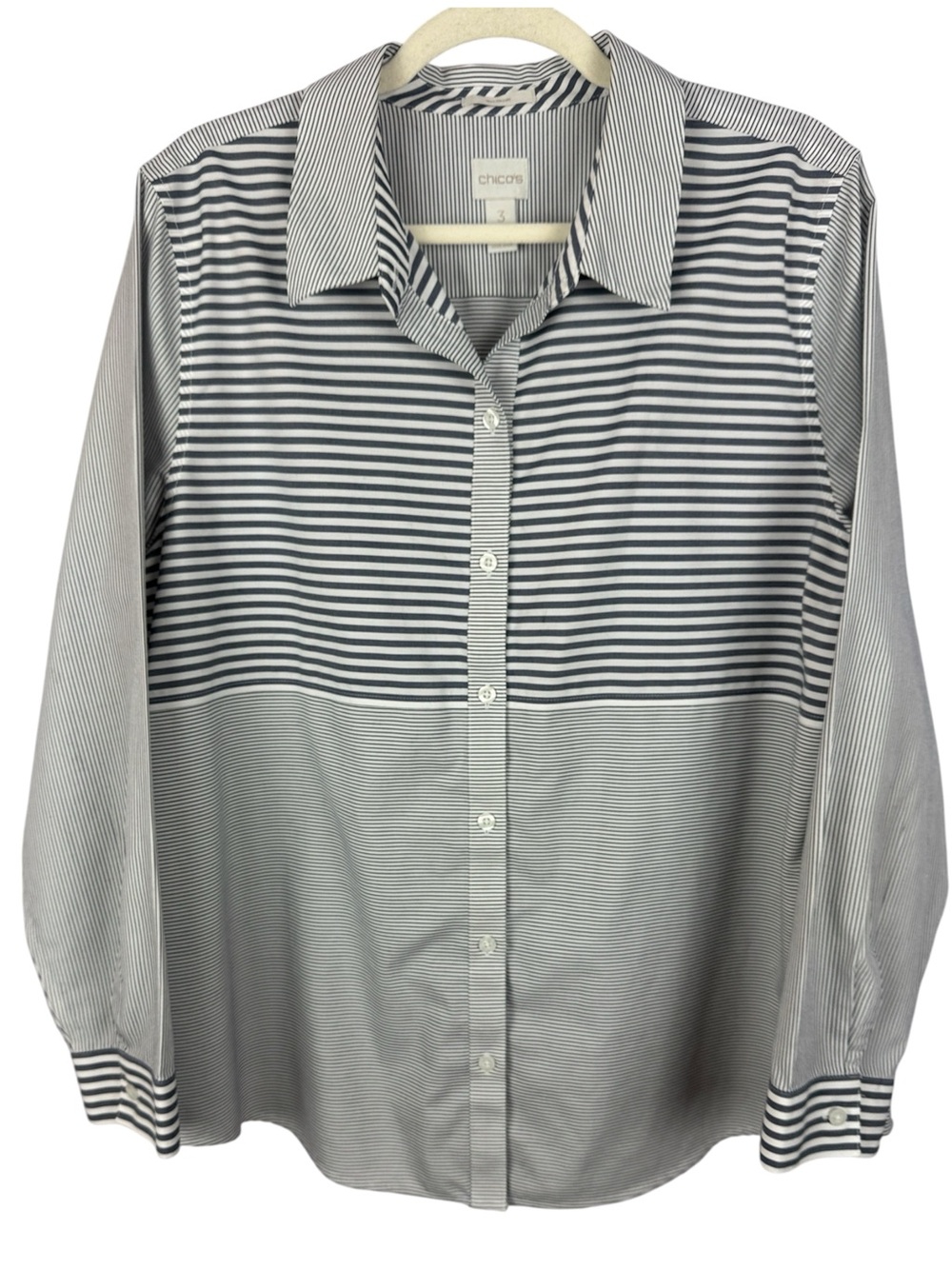 Chico's Cotton Mixed Stripe Button Down Shirt - Gray & White - Size 3 (XL)